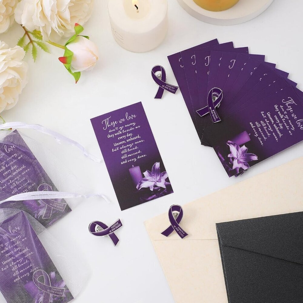 Funeral Awareness Lapel Pins 60 Pack Purple Ribbon Brooches with Prayer Cards - Picture 4 of 6